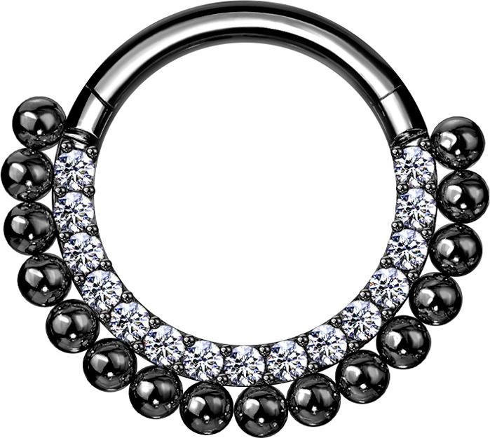 Produktbild Star Piercing Micro Segmentring klappbar schwarz front Kristalle silber und Kugeln (Chirurgenstahl 316L, ohne Messing)