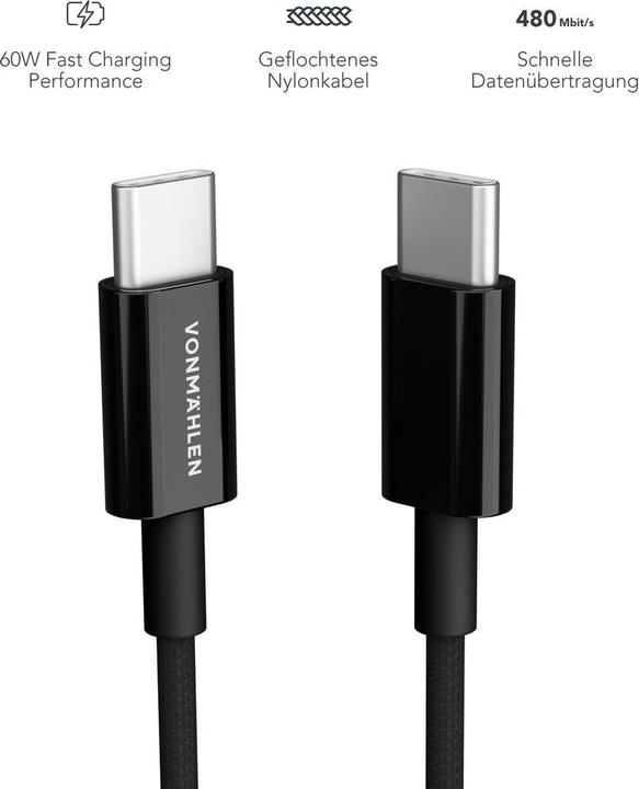 Produktbild Vonmählen USB-C to USB-C Cable 60W / 1m - Black (1 m, USB 2.0, 60 W)
