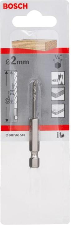Produktbild Bosch Professional Zubehör Holzspiralbohrer mit 1/4-Zoll Sechskantschaft, 2 x 24 x 62 mm (2 mm)