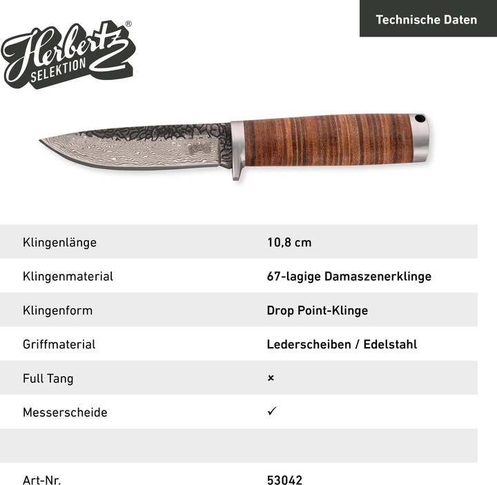 Produktbild Herbertz Gürtelmesser, Damast, AISI 420 Stahl, rostfrei, Griff mit Lederscheiben, Fangriemenöse, br (10.80 cm)