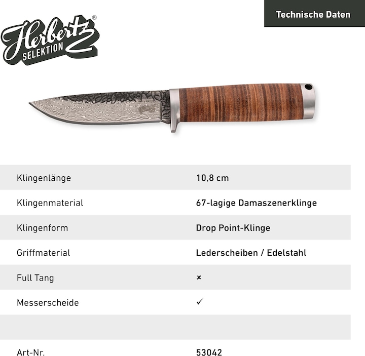 Actual product image Herbertz Belt knife, Damascus, AISI 420 steel, stainless, handle with leather bolsters, lanyard loop, br (10.80 cm)