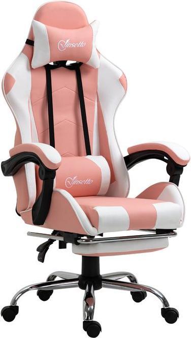 Swisshandel24 Gamingstuhl ergonomisch mit Kopfstütze Lendenkissen Schaumstoff Kunstleder PVC Rosa+Weiss