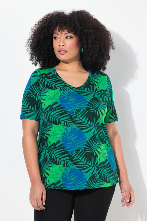 Produktbild Ulla Popken T-Shirt, Blätter, A-Linie, V-Ausschnitt, Halbarm (58)