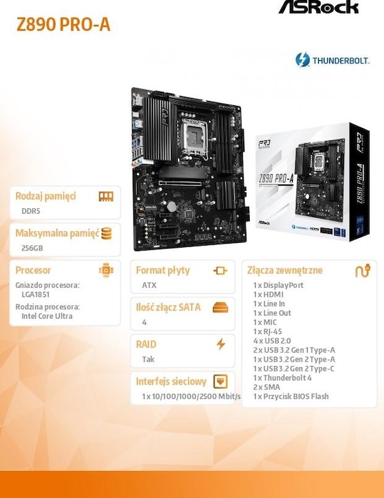 Image du produit AsRock Z890 Pro-A Intel DDR5 S1851 (LGA 1851, Intel Z890, ATX)