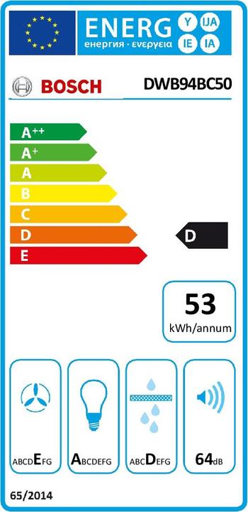 Energie-Label Bosch Hausgeräte Serie 2 DWB94BC50 Dunstabzugshaube Wandmontiert Edelstahl ³/h D (Wandhaube)