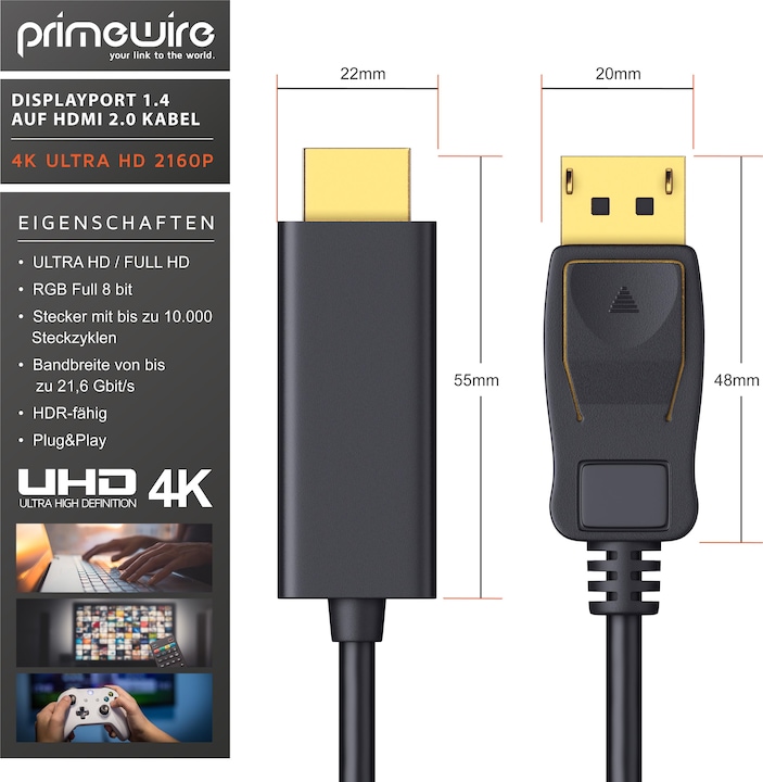Immagine prodotto Primewire Cavo DisplayPort 4k a HDMI, cavo convertitore DP 1.4 a HDMI, cavo adattatore, UHD 2160p 4K 3840 x (3 m, DisplayPort)
