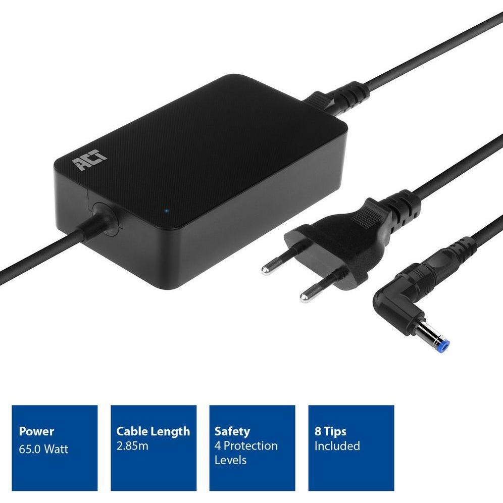 ACT Slim size laptop charger 65W (for laptops up to 15.6 inch) (65 W), Notebook Netzteil, Schwarz
