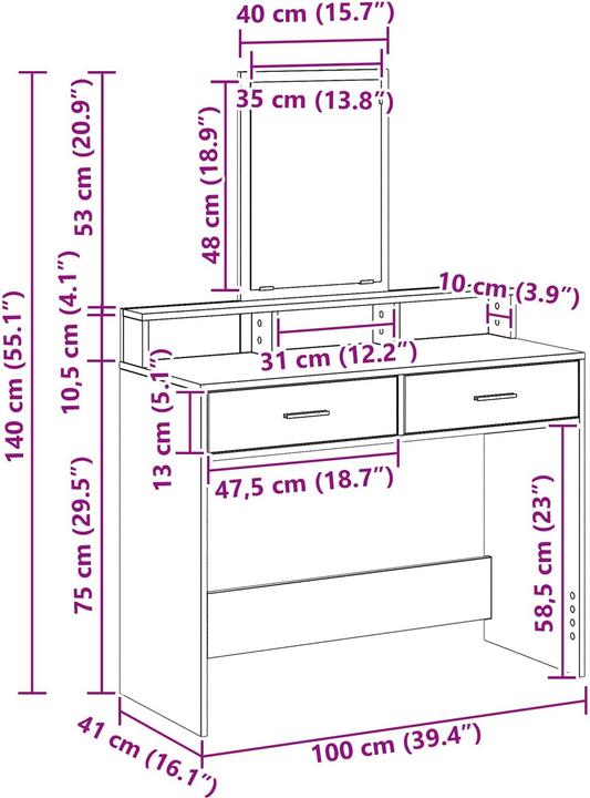 Actual product image vidaXL Schminktisch (100 x 41 x 140 cm)