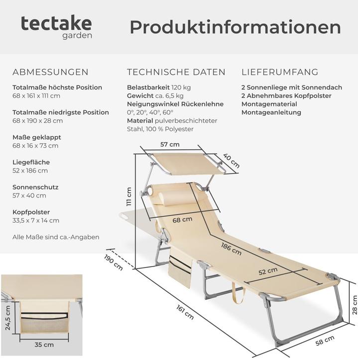 Image du produit tectake Bain de soleil Chloé 4 positions avec appui-tête et pochette (161 cm)
