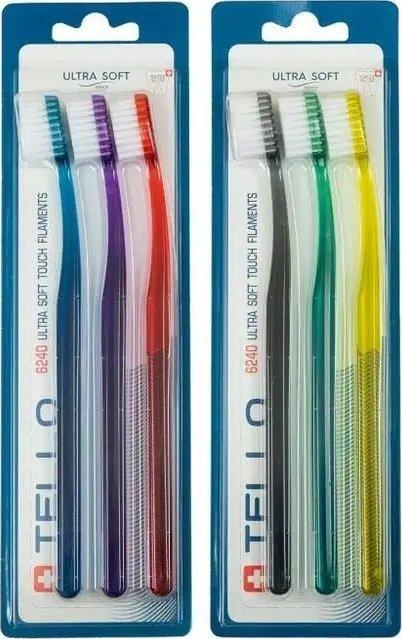 Actual product image Tello 6240 Adult Ultra Soft Swiss Toothbrush for Gentle Cleaning with Ergonomic Handle Assorted Colors 3 C (Soft, 3 x)