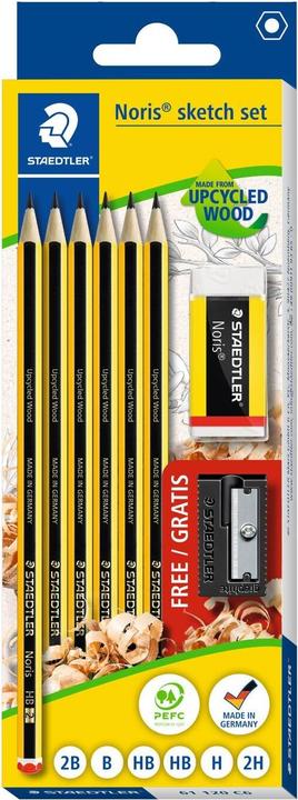 Staedtler Noris pencil set + eraser + FREE sharpener (2B, 2H, B, F, H, HB, 6x)