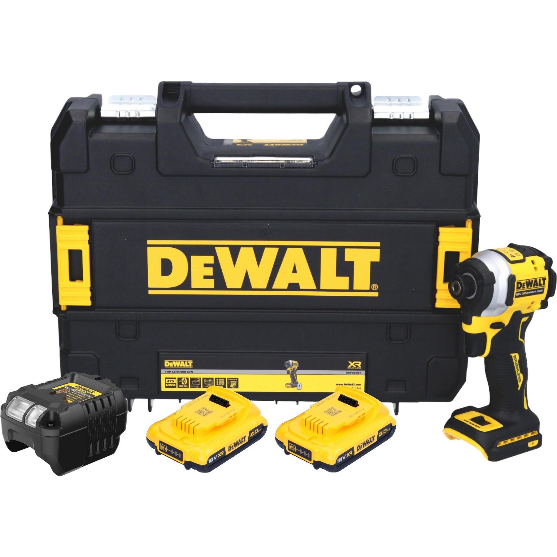 DeWalt, Bohrmaschine + Akkuschrauber, DCF 850 D2T Akku Schlagschrauber 18 V 205 Nm 1/4" Brushless + 2x Akku 2,0 Ah + Lad...