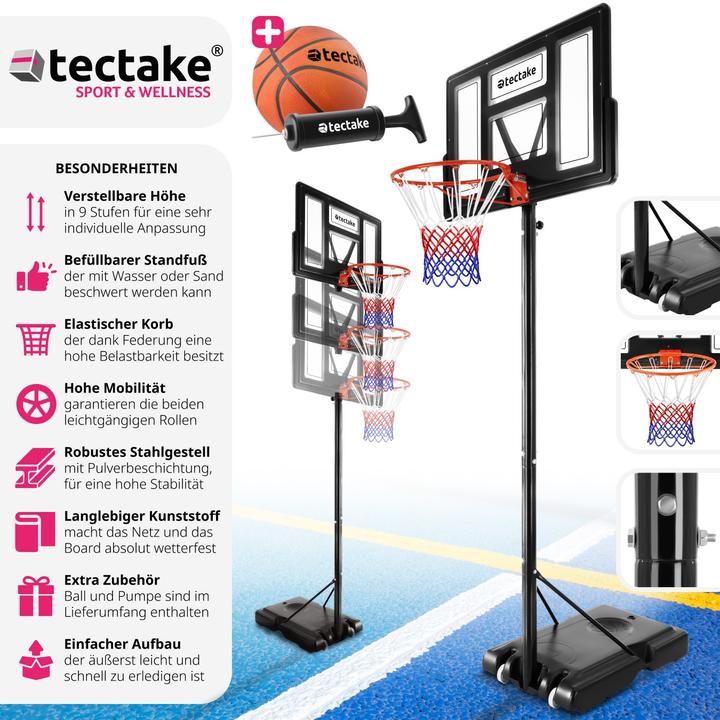 Image du produit tectake Panier de basket Dirk, hauteur de panier 234-302 cm, avec ballon et pompe