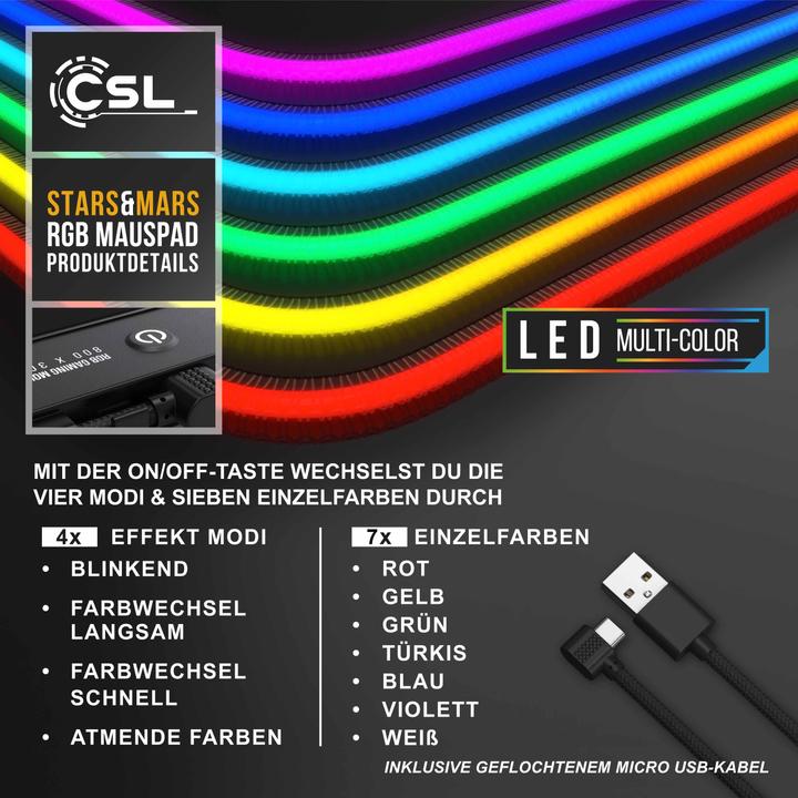 Produktbild CSL RGB Gaming Mauspad, Schreibtischunterlage 800 x 300 mm XL Mausmatte - LED Multi Color, Stars & Mars (XL)