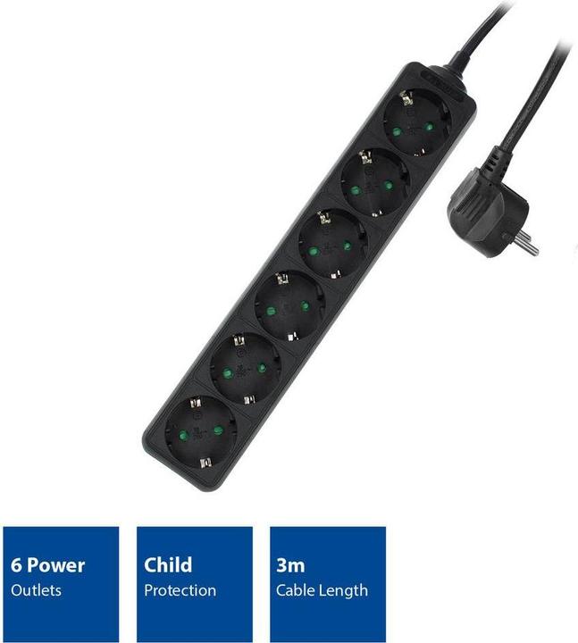 Produktbild ACT Power Strip, 6 sockets, 3 m, black (6x, CEE 7/3, 3 m)