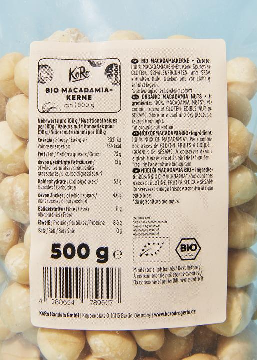 Valeurs nutritives et ingrédients KoRo Graines de macadamia bio (500 g)