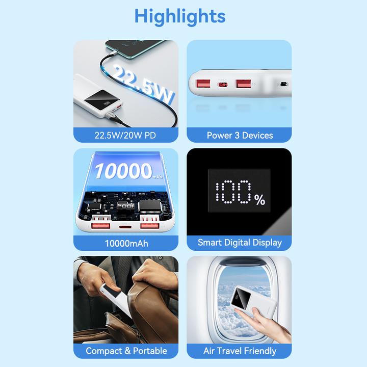 Image du produit Vention Powerbank,, FHKW0,10000mAh, Micro-USB, USB-C, 2xUSB-A, 22.5W (blanc) (10000 mAh, 22.50 W, 37 Wh)