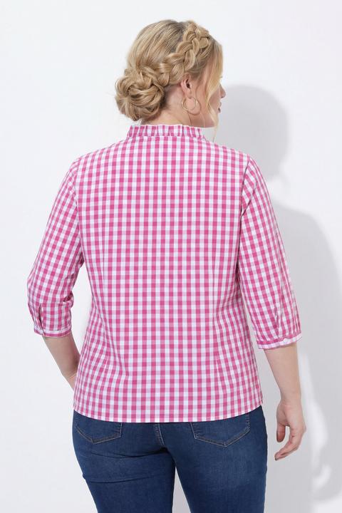 Actual product image Ulla Popken Checked Ruffle Trim 3/4 Sleeve Button-Down Shirt (60)