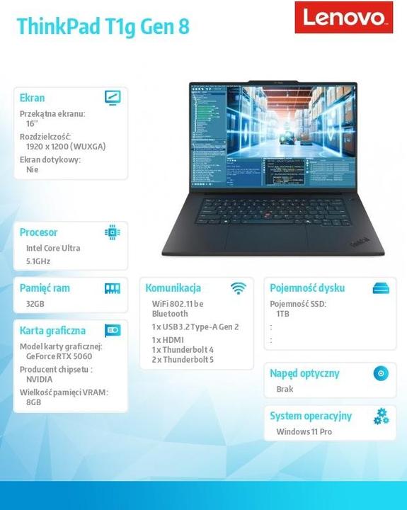 Actual product image Lenovo ThinkPad T1g Gen. 8 (16", 1000 GB, 32 GB, Eng. Int., Intel Core Ultra 7 255H)