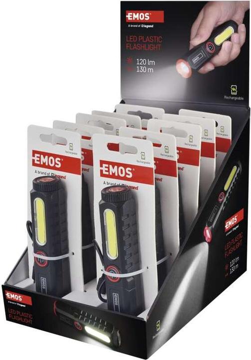 Actual product image Emos Wiederaufladbare LED-Taschenlampe aus Kunststoff P4720, 120 lm, 10 STCK., display box (12.30 cm, 120 lm)