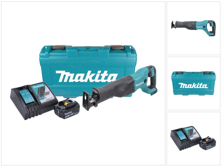 1x sega a batteria Makita DJR 186, 1x batteria Makita BL 1830 B 18 V 3.0 Ah, 1x caricabatterie Makita DC 18 RC, 1x valigetta di trasporto Makita, 2x lama Makita