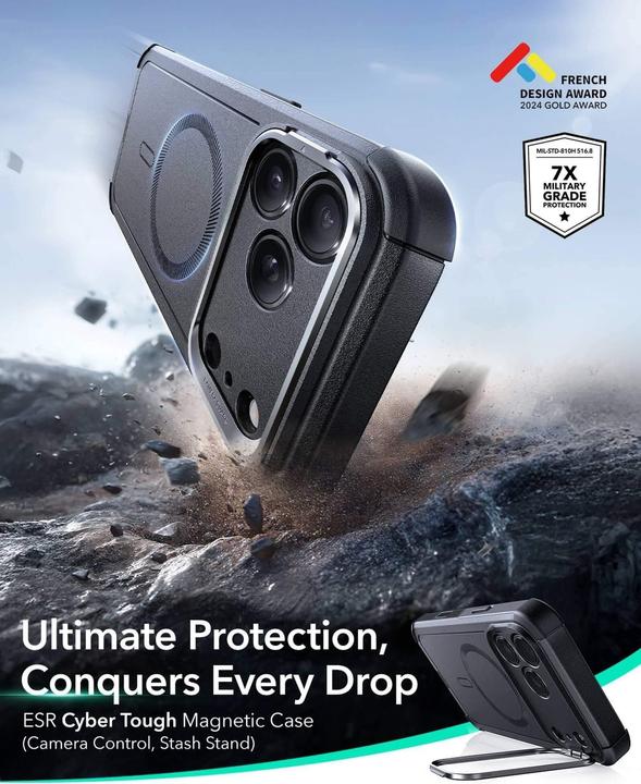 Actual product image ESR Cyber Tough Magnetic Case (Camera Control, Stash Stand), for iPhone 17 Pro Max, Black (Apple iPhone 17 Pro Max)