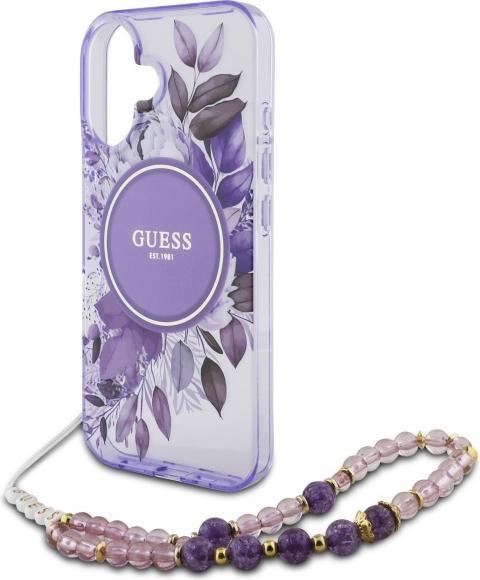 Actual product image Guess GUHMP16MHFWBRCESU iPhone 16 Plus 6.7" fioletowy/purple hardcase IML Flowers With Pearl Strap M (Apple iPhone 16 Plus)
