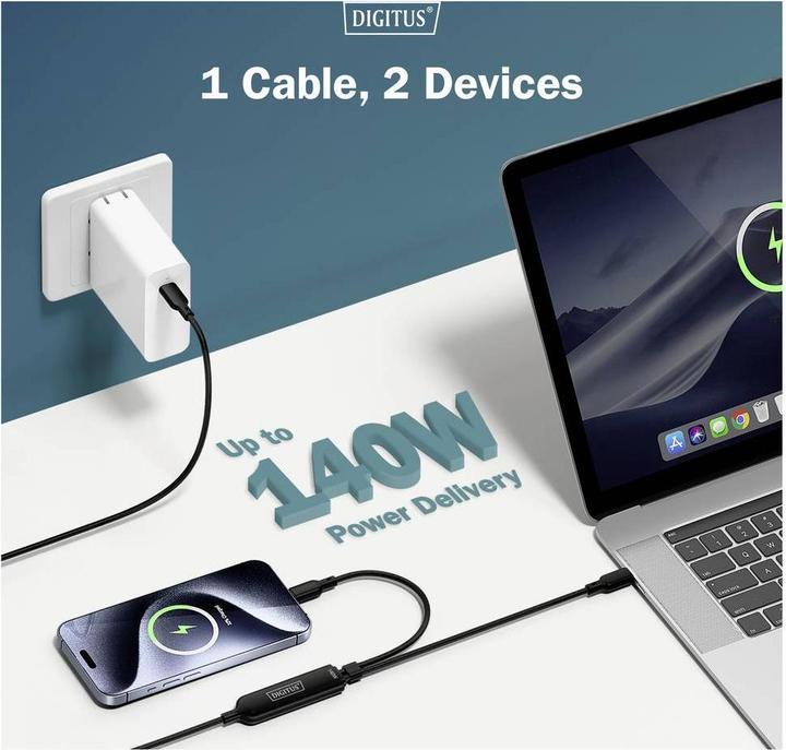 Actual product image Digitus USB-C 2in1 Ladekabel, 140W, 1,8m USB 2.0, Nylon-Mantel, schwarz (1.80 m, USB 2.0, 140 W)