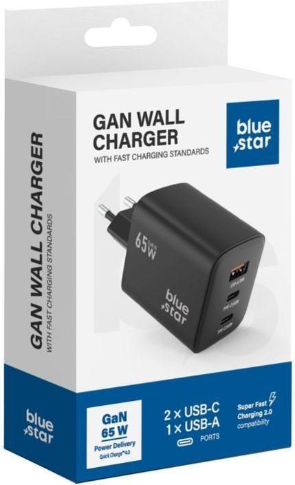 Image du produit Cable Blue Star BLUE STAR travel charger GaN 4A 65W 2 x Type C + USB A PD QC4.0 VT-43 black (65 W, 3 ports)