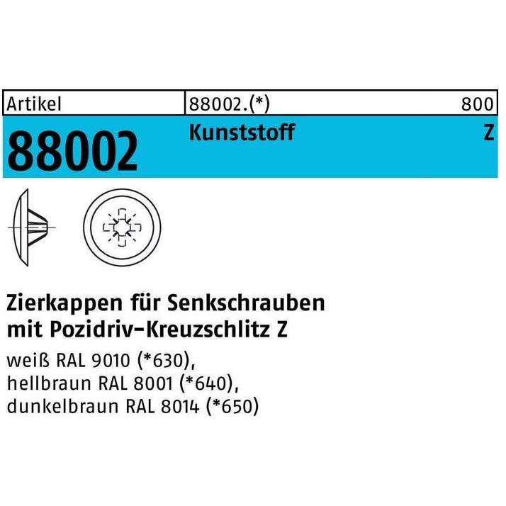 Zubehör Befestigungstechnik, Zierkappe R 88002 f.Kreuzschlitz-PZ 3 x 13 / 5,5-6 Kunststoff hellbraun