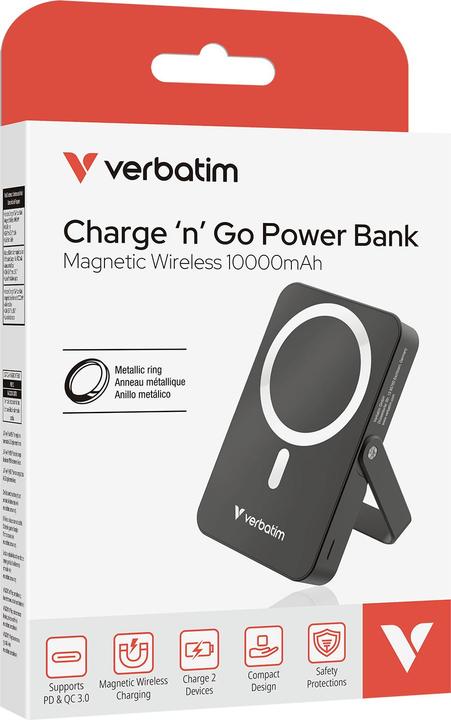 Actual product image Verbatim Charge ‘n’ Go Power Bank with Stand Magnetic Wireless 10000mAh - Black (10000 mAh, 35 W, 35 Wh)