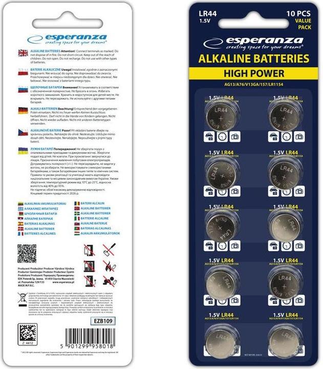 Esperanza ALKALINE BATTERIES LR44 AG13 10PCS. (10 Stk., LR44)