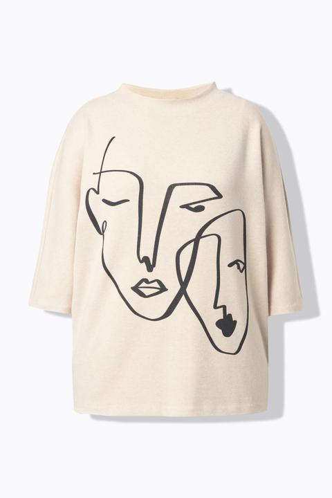 Image du produit Miamoda Pull motif visages de femmes, col légèrement montant et manches 3/4 (50, 52)