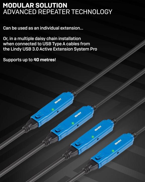 Actual product image Lindy 8m USB 3.2 Gen 1 C/A Active Extension Pro Up to 40m extension for a USB type A device on a (8 m, USB 3.2 Gen 1)
