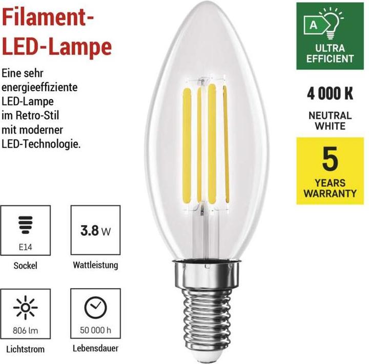 Actual product image Emos LED lamp Filament Candle A CLASS/ E14 / 3.8 W (60 W) / 806 lm / Neutral white (E14, 806 lm, 1x)