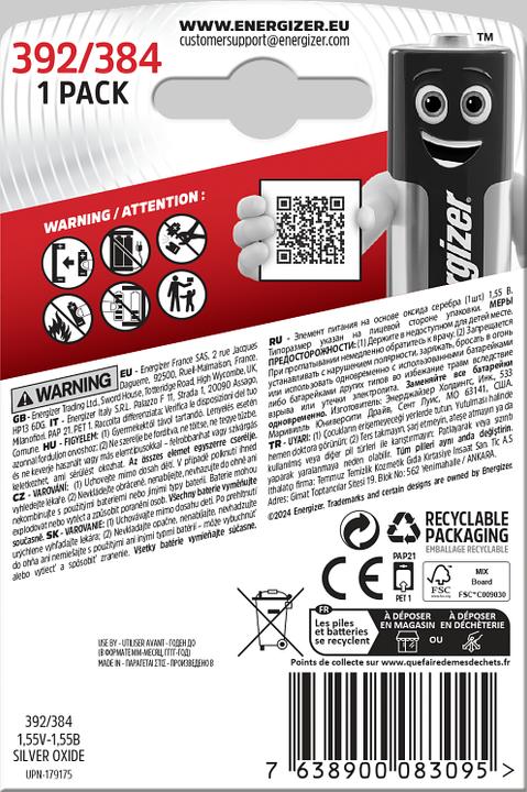 Image du produit Energizer Oxyde d'argent 392/384 (1 pcs, LR41, 44 mAh)