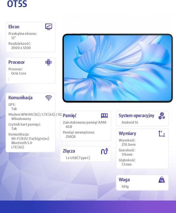 Immagine prodotto Oukitel Tablet OT5S 6/256GB 12 blu 8250 mAh 18W (12", 256 GB, Blu)