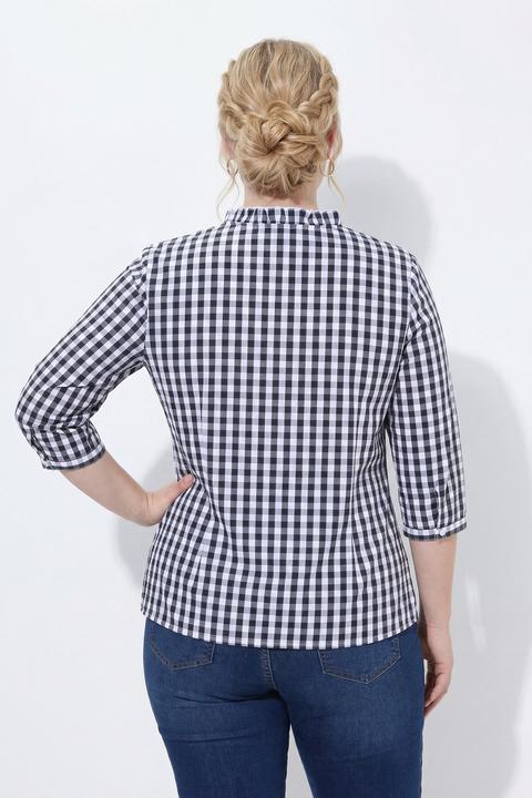 Actual product image Ulla Popken Checked Ruffle Trim 3/4 Sleeve Button-Down Shirt (46)