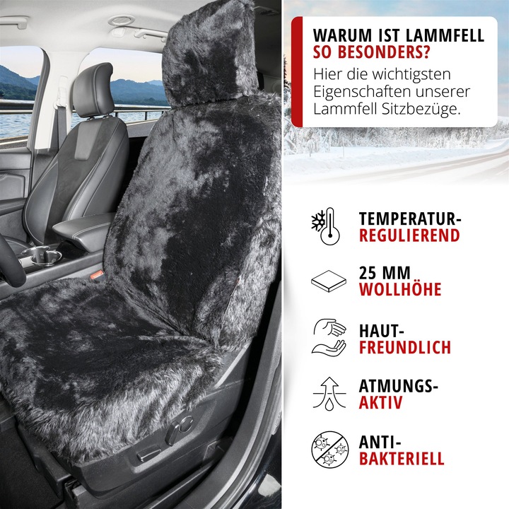 Produktbild Walser Autositzbezug Maya aus Lammfell, PKW-Schonbezug Einzelsitz, Lammfellbezug schwarz