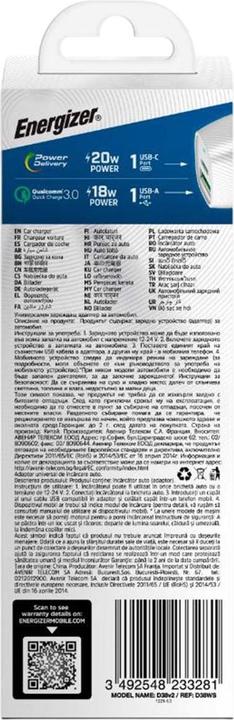 Actual product image Energizer Car Charger - Power Delivery & QC3 - 38W - 1 USB-C & 1 USB-A, silver