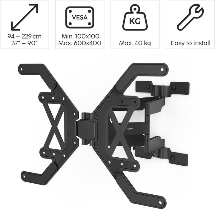 Immagine prodotto Hama Supporto a parete per TV, girevole, inclinabile, extrapiatto, 229 cm (90") fino a 40 kg (Muro, 90", 40 kg)