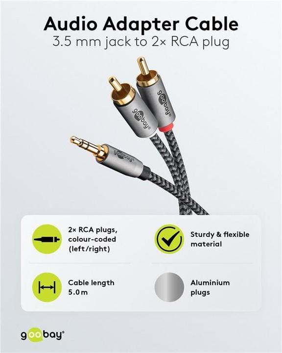 Produktbild Goobay Audio Adapterkabel AUX, 3,5-mm-Klinke zu Stereo-Cinch-Stecker, 5 m, Sharkskin Grey (5 m, Cinch)