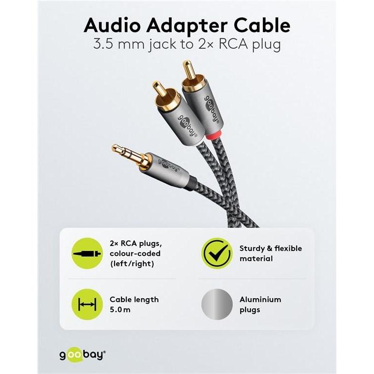 Thumbnail - Goobay Audio Adapterkabel AUX, 3,5-mm-Klinke zu Stereo-Cinch-Stecker, 5 m, Sharkskin Grey (5 m, Cinch), Audio Kabel