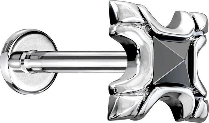 Produktbild Star Piercing Micro Labret Innengewinde silber Tribal Schild mit Kristall schwarz (Messing, Chirurgenstahl 316L)