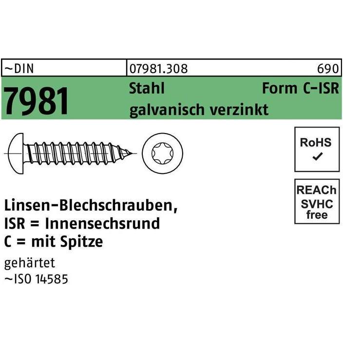 Reyher, Schrauben, Blechschraube ISO 14585 m.Innensechsrund/Spitze 2,2 x 16 -C-T6 Stahl galvanisch verzinkt (2000 Schrau...