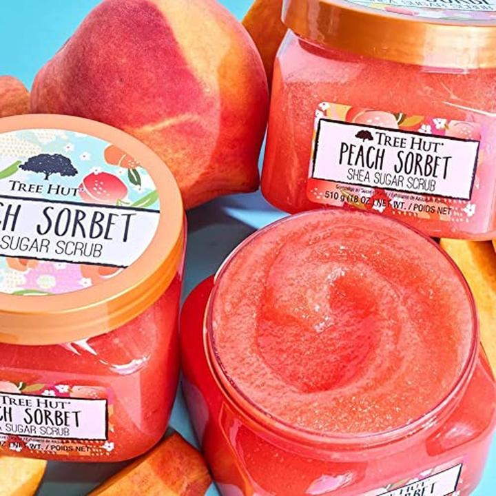Actual product image Tree Hut Peach Sorbet Shea Sugar Scrub 18 oz Ultra Hydrating Exfoliating Nourishing Essential Body C (510 ml)