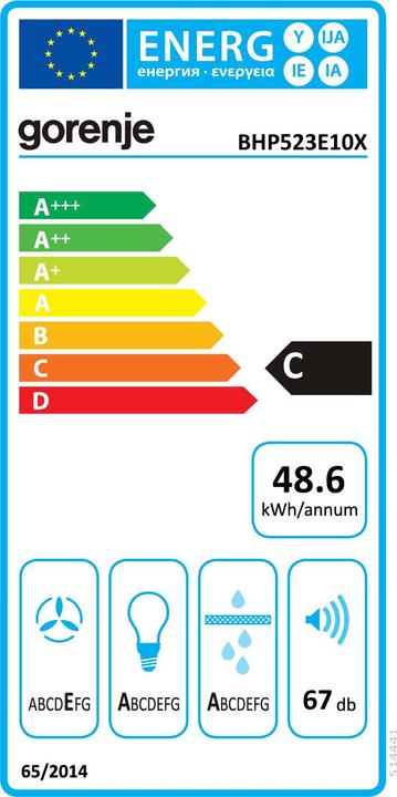 Energy Label Gorenje Hood BHP523E10X Telescopic, Energy efficiency class C, Plotis 50 cm, 322 m³/h, Mechanical co (Substructure hood)