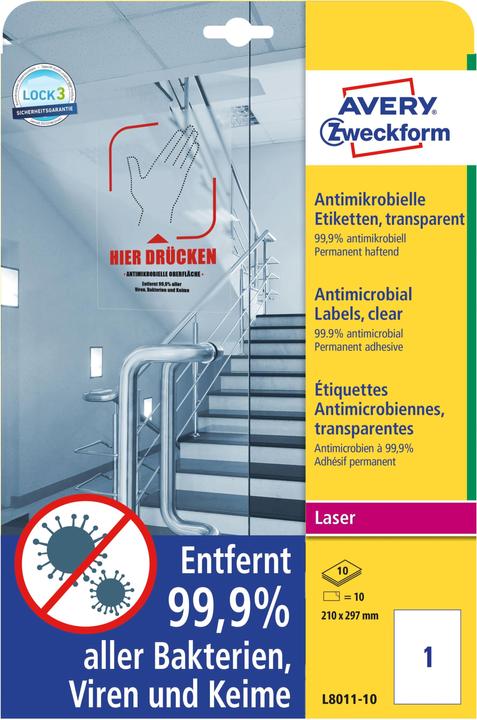 Productafbeelding Avery AVZ L8011-10 Antimicrobiële Etiketten 210x297mm transparant