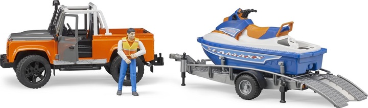 Produktbild Bruder Fahrzeug Land Rover Defender Pick Up mit Anhänger, Jet-Ski und Fahrer