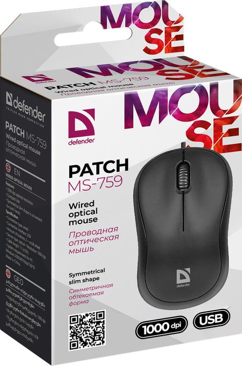 Productafbeelding Defender MAUS PATCH MS-759 ZWART OPTISCH 1000dpi 3P (Bedraad)